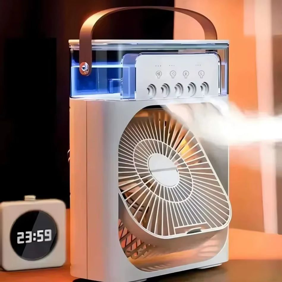 Tech stop portable USB air conditioner and fan with LED night light, water mist, and humidifier features for home cooling.