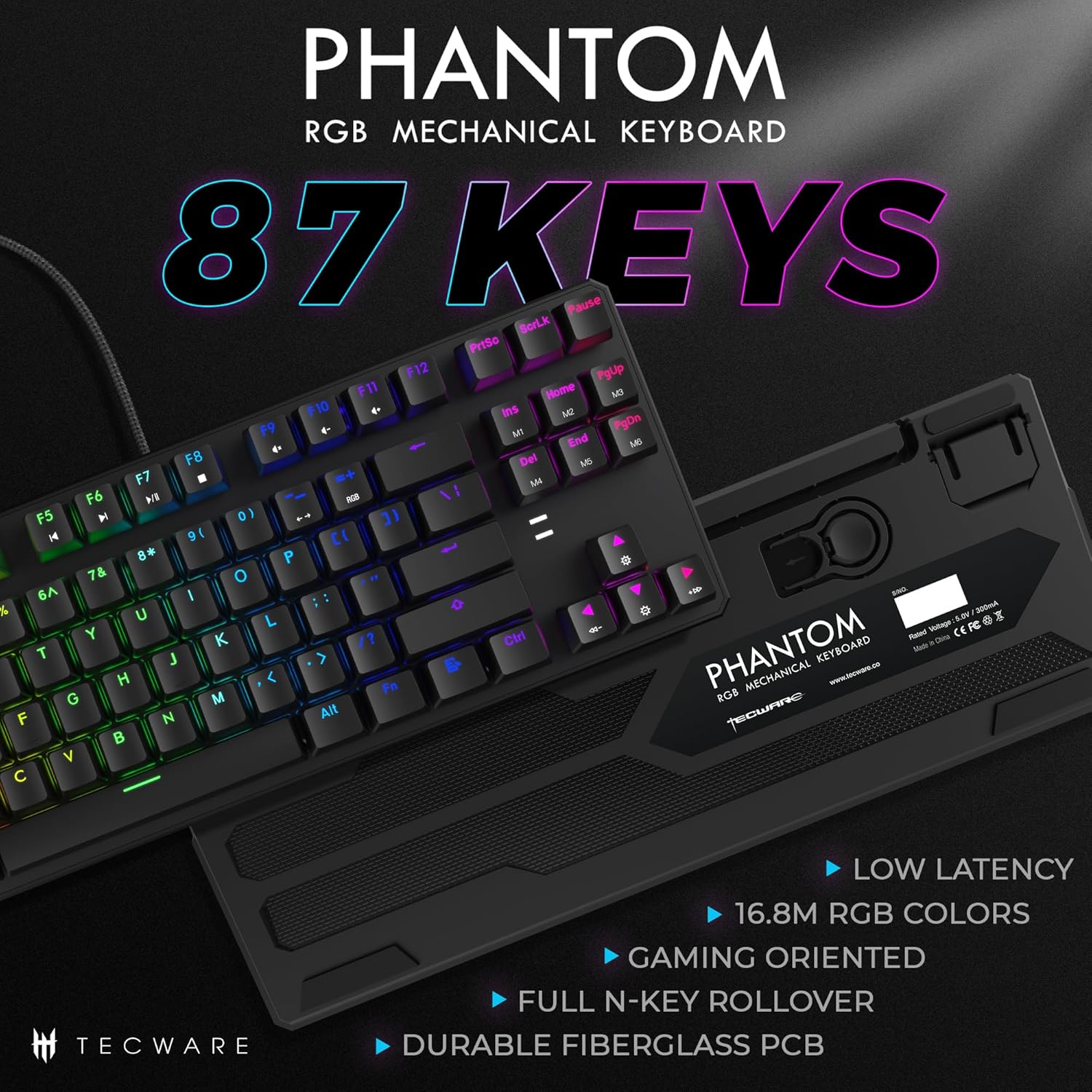 Tech stop Phantom 87 RGB mechanical gaming keyboard with Outemu Red switches, 16.8M color LED lighting, and customizable keys.