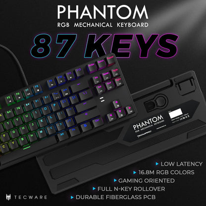 Tech stop Phantom 87 RGB mechanical gaming keyboard with Outemu Red switches, 16.8M color LED lighting, and customizable keys.