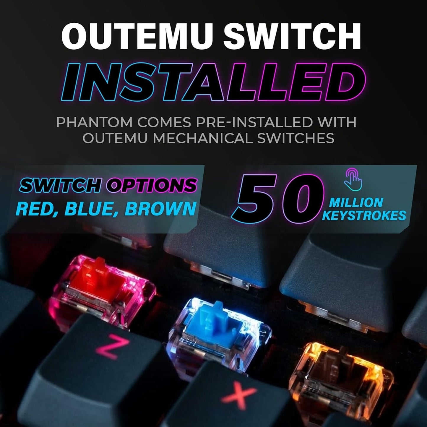Tech stop Phantom 87 RGB mechanical gaming keyboard with Outemu Red switches, 16.8M color LED lighting, and customizable keys.
