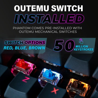 Tech stop Phantom 87 RGB mechanical gaming keyboard with Outemu Red switches, 16.8M color LED lighting, and customizable keys.
