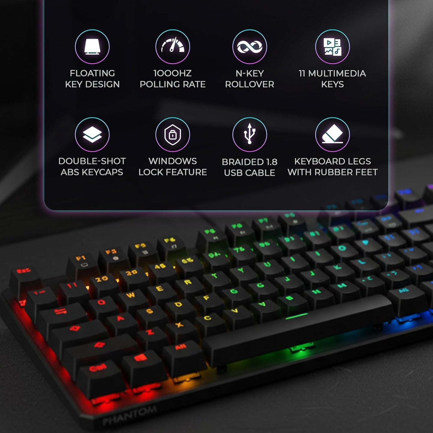 Tech stop Phantom 87 RGB mechanical gaming keyboard with Outemu Red switches, 16.8M LED colors, and customizable keys.