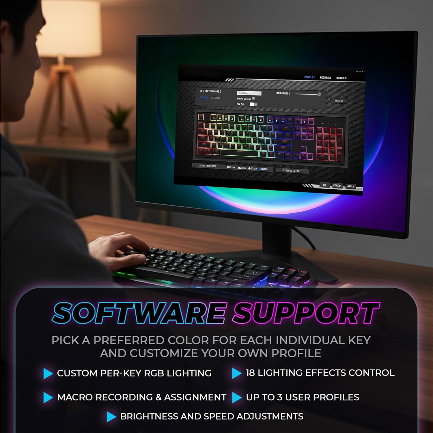 Tech Stop Phantom 87 RGB mechanical gaming keyboard with Outemu Red switches, 16.8M LED colors, customizable keys, and wired USB connection.