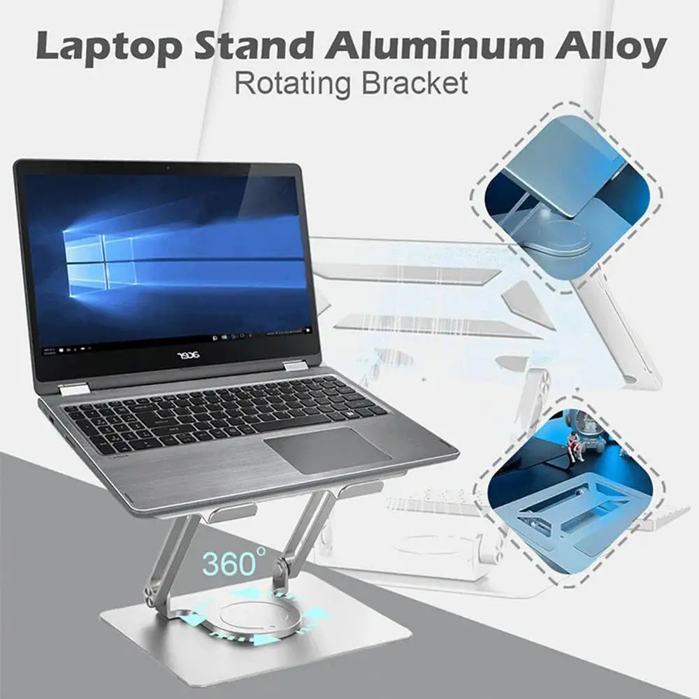 Adjustable aluminum alloy laptop stand by Tech Stop, featuring 360-degree rotation for ergonomic home office and work setup.