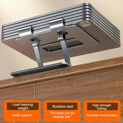 Adjustable aluminum alloy laptop stand by Tech Stop, 360-degree rotatable holder for ergonomic home office and workspace setup.