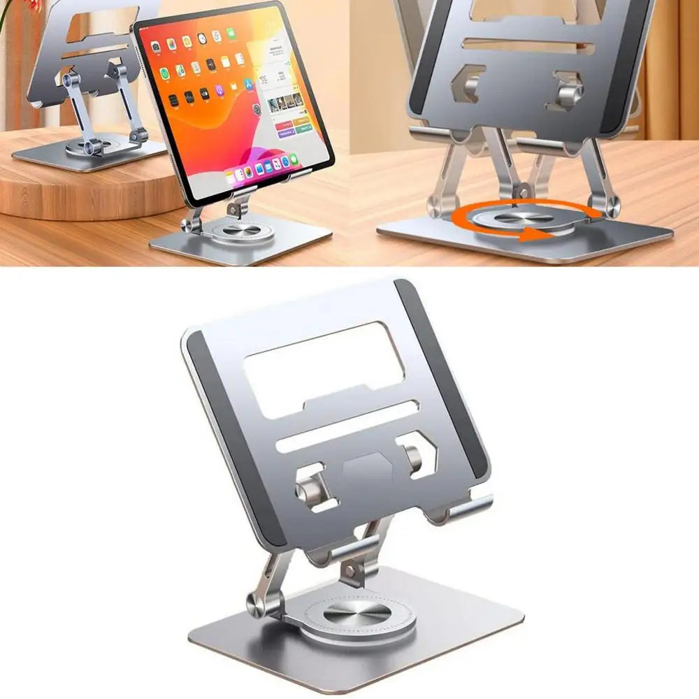 Adjustable aluminum alloy laptop stand by Tech Stop, with 360-degree rotation, ideal for home office and workspace comfort.