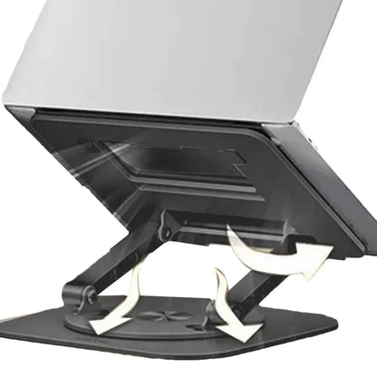 Adjustable aluminum alloy laptop stand by Tech Stop, with 360-degree rotatable design for home and office use.