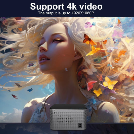 Android 11 4K Smart Projector by Tech Stop displaying a high-resolution home theater setup with WiFi 6 and voice control features.