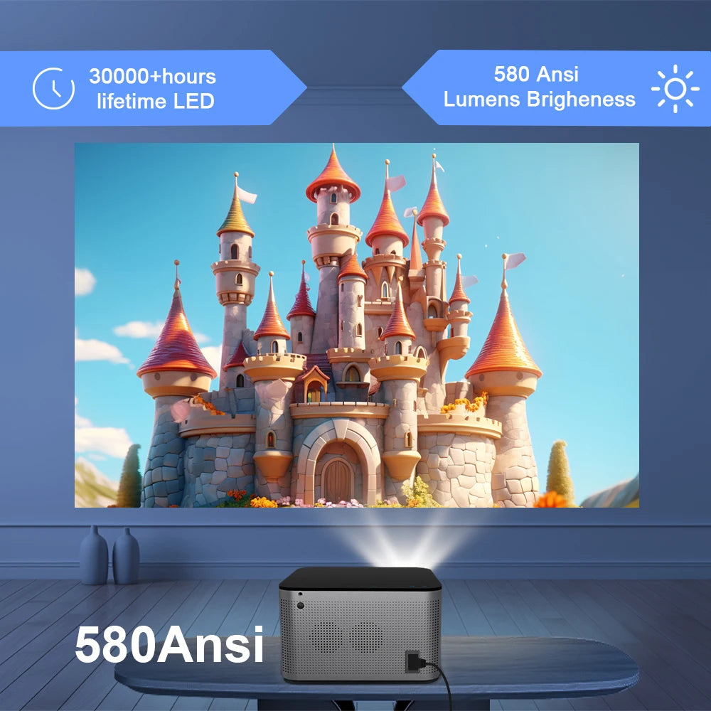 Android 11 4K Smart Projector by Tech Stop featuring 580ANSI brightness, 1920x1080 Full HD, Wi-Fi 6, Bluetooth 5.0, voice control, home cinema