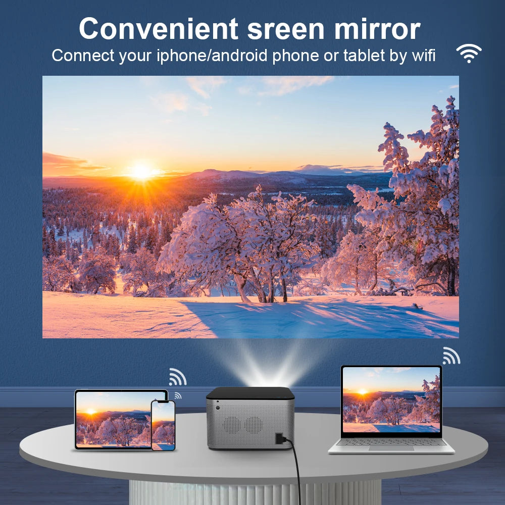 Android 11 4K Smart Projector by Tech Stop showing a home theater setup with 1080P Full HD image and voice control features.