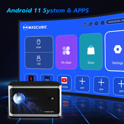 Android 11 4K Smart Projector by Tech Stop displaying a bright home cinema setup with 1920x1080P Full HD image and voice control features.