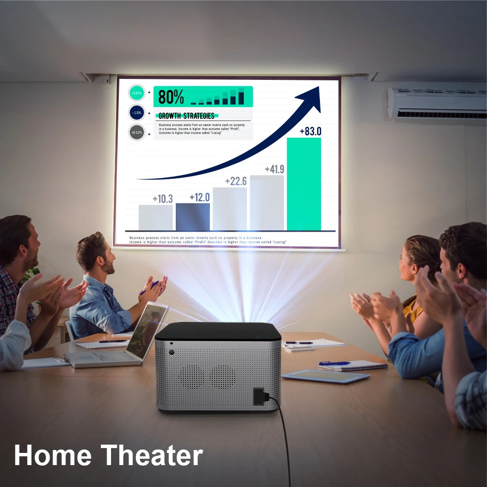 Android 11 4K Smart Projector by Tech Stop showing a home cinema setup with a large projected image and control interface.