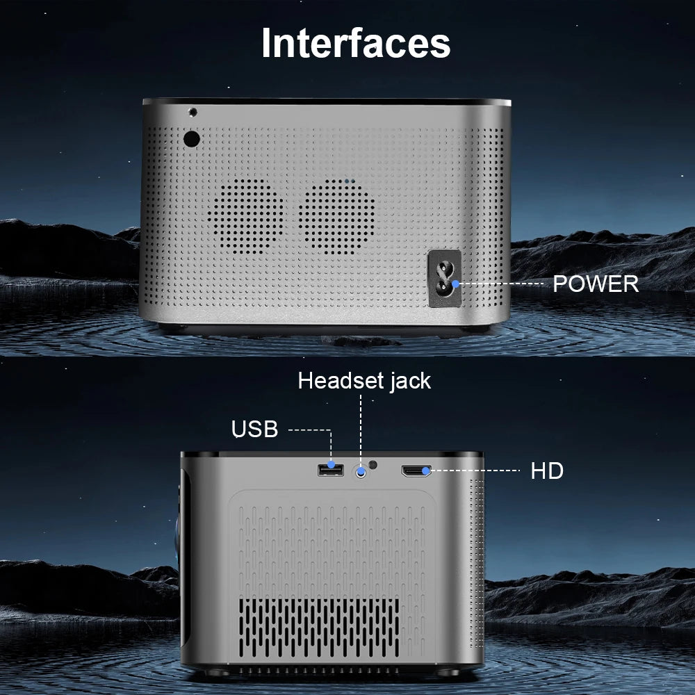 Android 11 4K Smart Projector by Tech stop displaying a home theater setup with full HD image and voice control features.