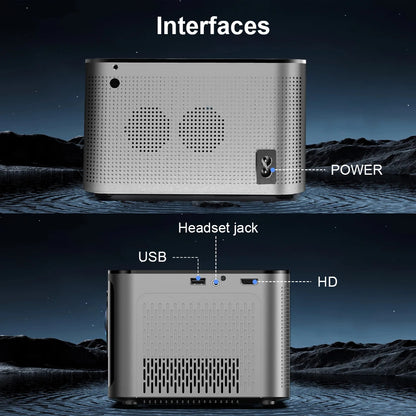 Android 11 4K Smart Projector by Tech stop displaying a home theater setup with full HD image and voice control features.