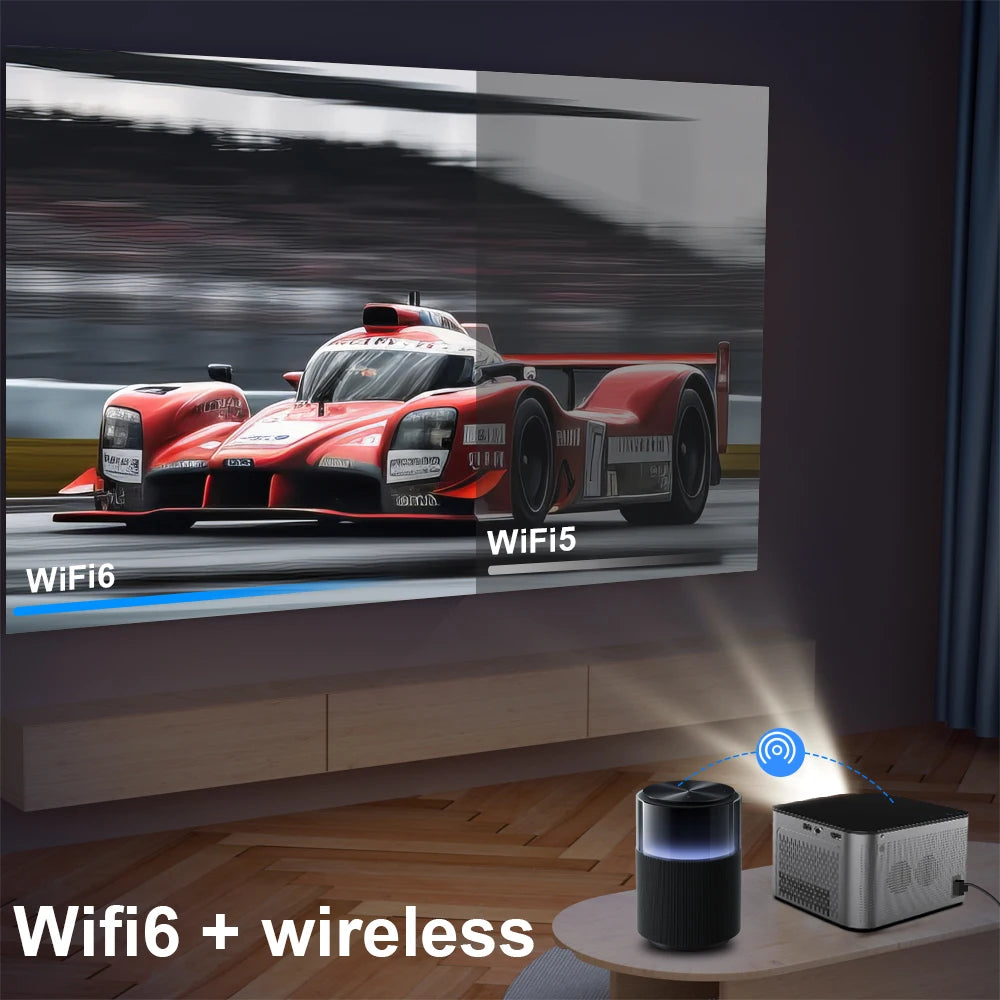 Android 11 4K Smart Projector by Tech Stop showing a full HD display with WiFi 6 and Bluetooth 5.0 connectivity in a home theater setting.