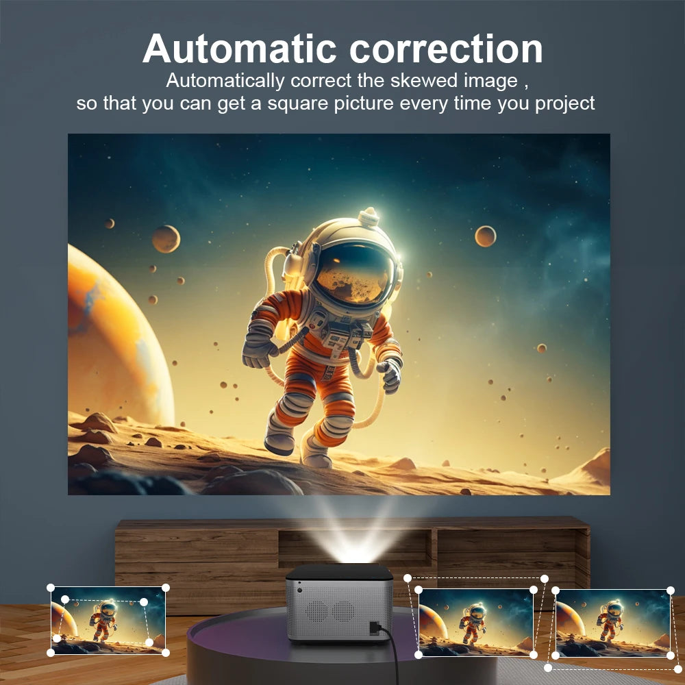 Android 11 4K Smart Projector by Tech Stop showing a home cinema setup with full HD display and voice control features.